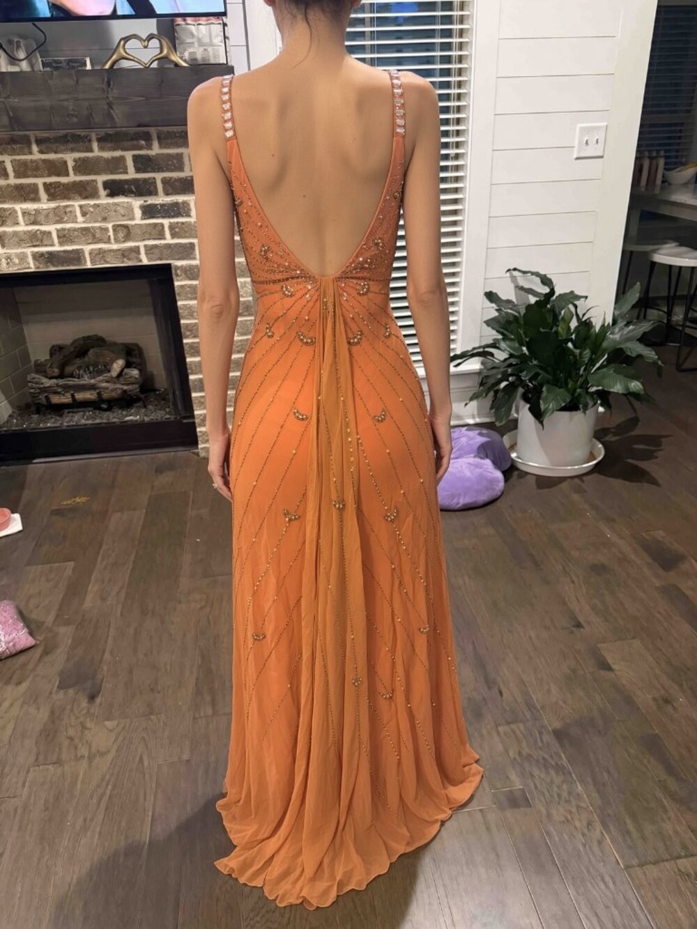 Sue Wong Silk Dress Y2K Evening Maxi Gown Fancy Peach Orange Gold Sz 6 New F9 - Picture 3 of 11